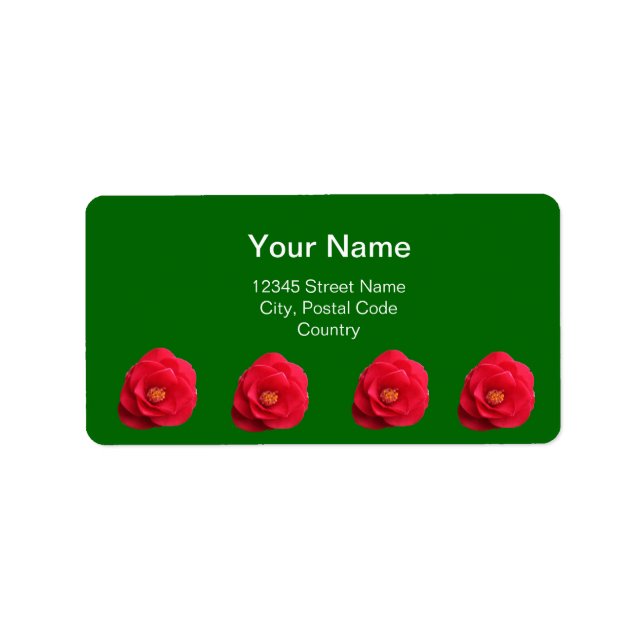 fleurs de camélia rouges étiquette d'adresse verte (Devant)