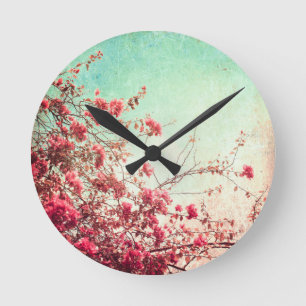 Fleurs de cerisier Floral Rouge Bleu Mur Horloge
