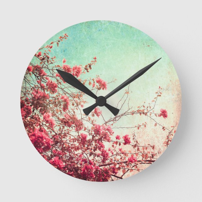 Fleurs de cerisier Floral Rouge Bleu Mur Horloge (Recto)