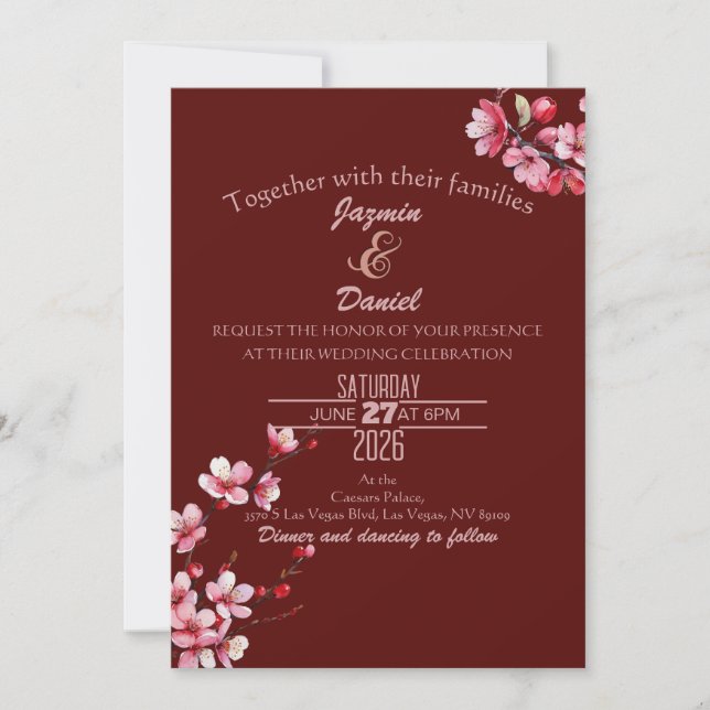Fleurs de Cerisier Rose Marron Invitation (Devant)