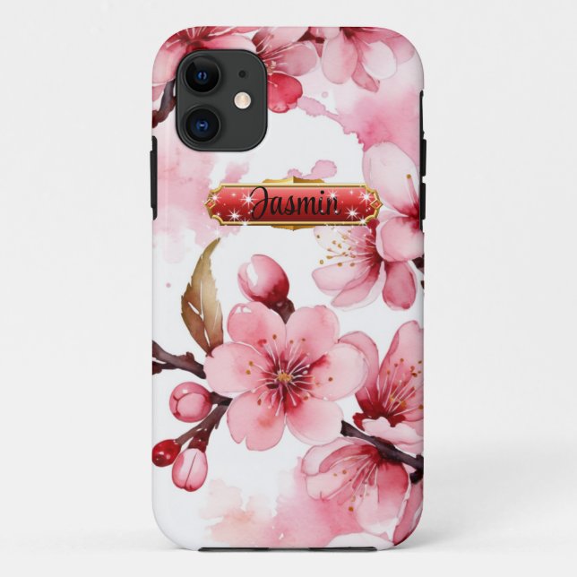 Fleurs de cerisier rose-rouge chaud Coque iPhone / (Dos)