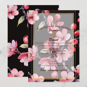 Fleurs de cerisier roses Fond noir Invitation