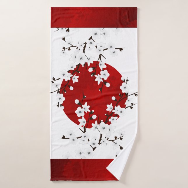 Fleurs de cerisier Rouge Noir Blanc Floral (Serviette de bain)