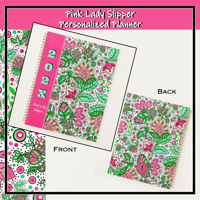 Fleurs de chlipper rose sur blanc personnalisées (Bold pink and green modern folk art design featuring delicate pink lady slipper flowers.)
