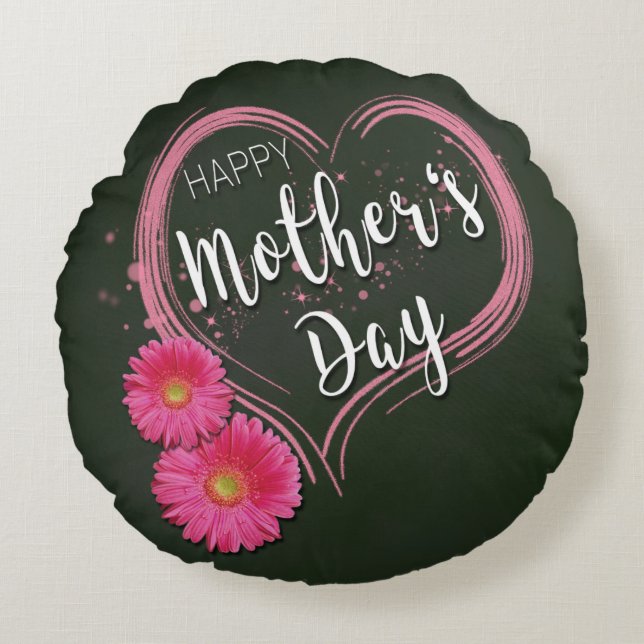 Fleurs de Coeur Rose Fête des Mères - Coussin rond (Devant)