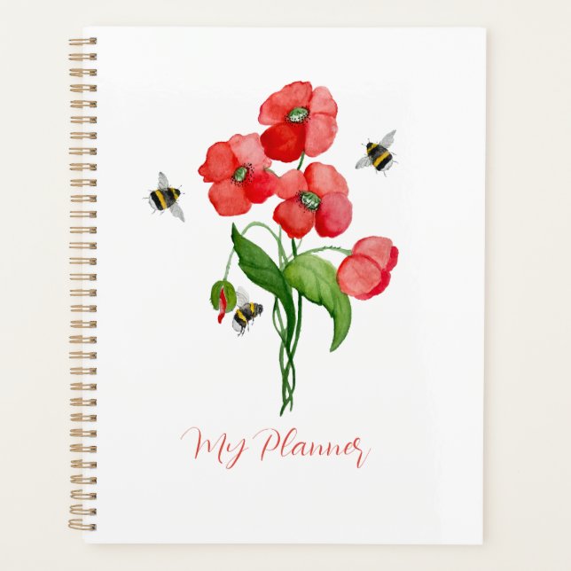 Fleurs de coquelicot écarlate d'aquarelle et bourd (Devant)