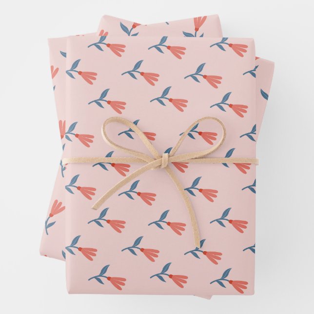 Fleurs de corail doux et motif de feuilles bleues (En situation)