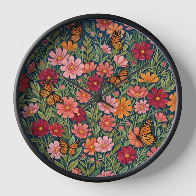 Fleurs de cosmos abstraites Papillons Art Horloges (Recto)