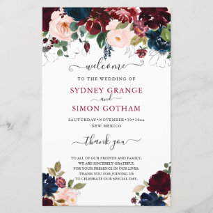 FLEURS DE COULEUR D'EAU BURGUNDY MARINE BLANCHE