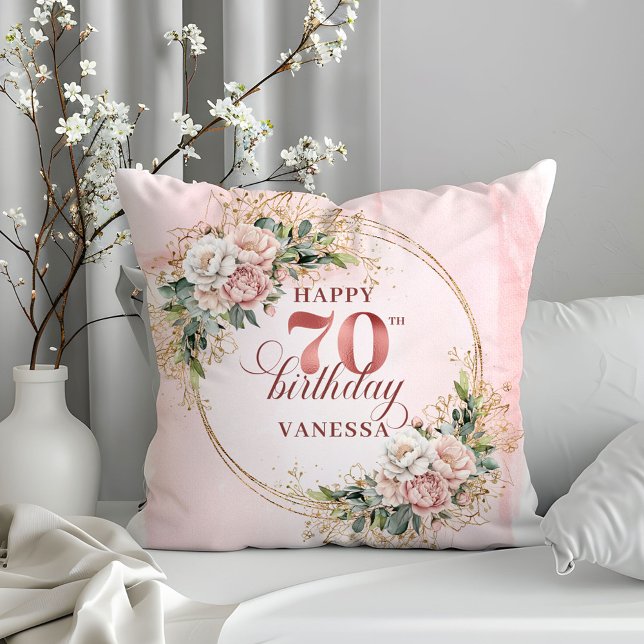 Fleurs de Coussin Aquarelle Rose Clair 70e Anniver (Light Pink Watercolor Flowers Pillow 70th Birthday Pillow)