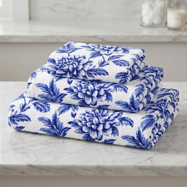 Fleurs de dahlia bleues et blanches Toile de Jouy (Créateur téléchargé)