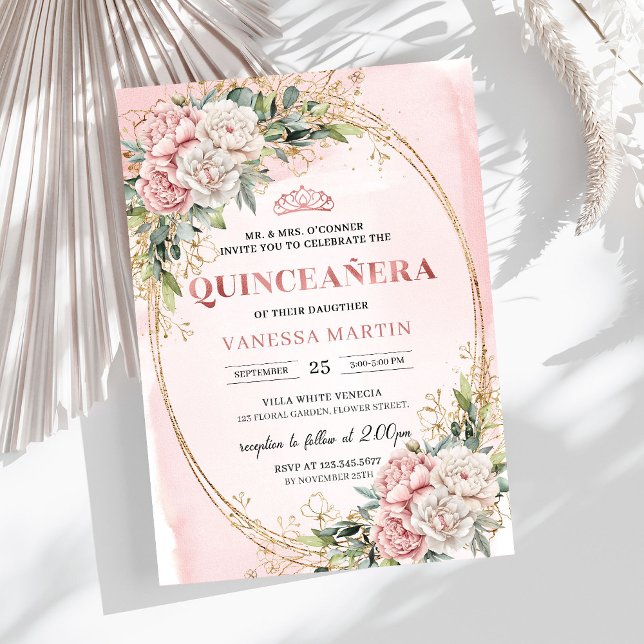 Fleurs de doré rose et verdure Invitation Quince (Rose Gold Flowers Greenery Quince Invitation)