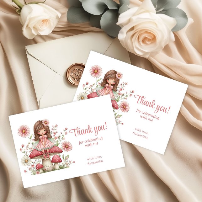 Fleurs de Fée Rose Fantaisistes Merci pour le 4ème (Whimsical Pink Fairy Flowers 4th Birthday Thank You Card)