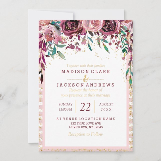 Fleurs de Flush Stripes & Gold Wedding Invitations (Devant)