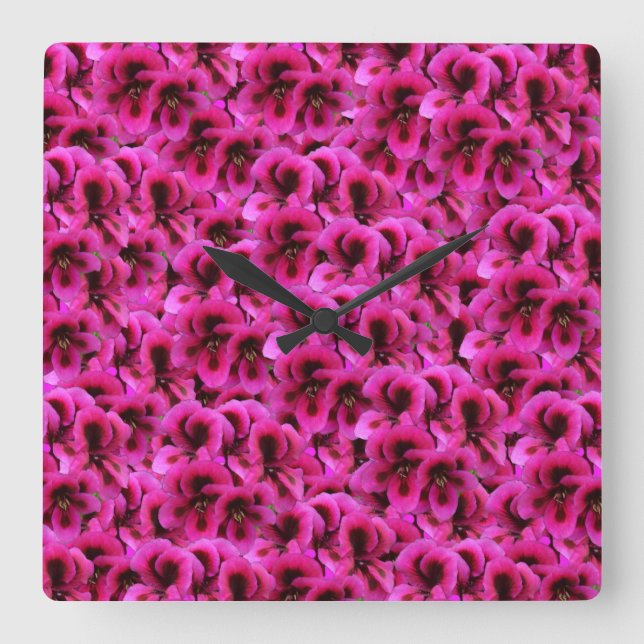 Fleurs de Géranium Magenta, Horloge Murale Carrée (Recto)