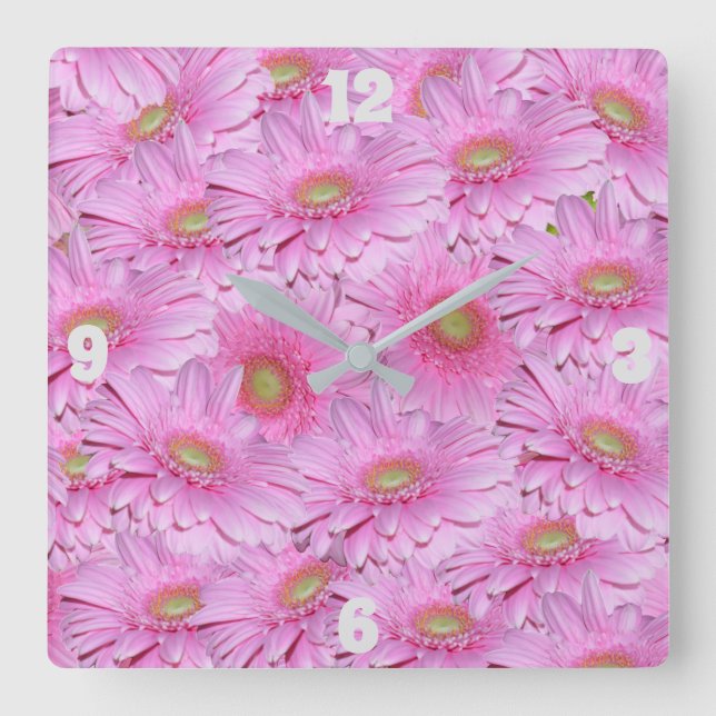 Fleurs de Gerbera roses, horloge murale carrée (Recto)