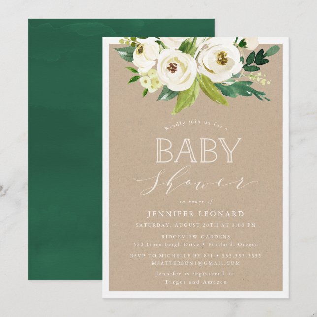 Fleurs de jardin rustique | Invitation à une baby  (Devant / Derrière)
