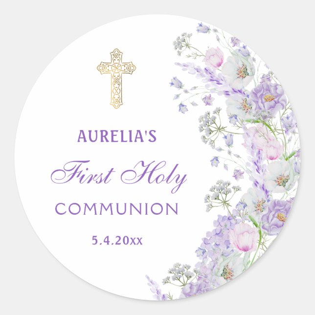 Fleurs de lilas Première communion Autocollant ron (Devant)