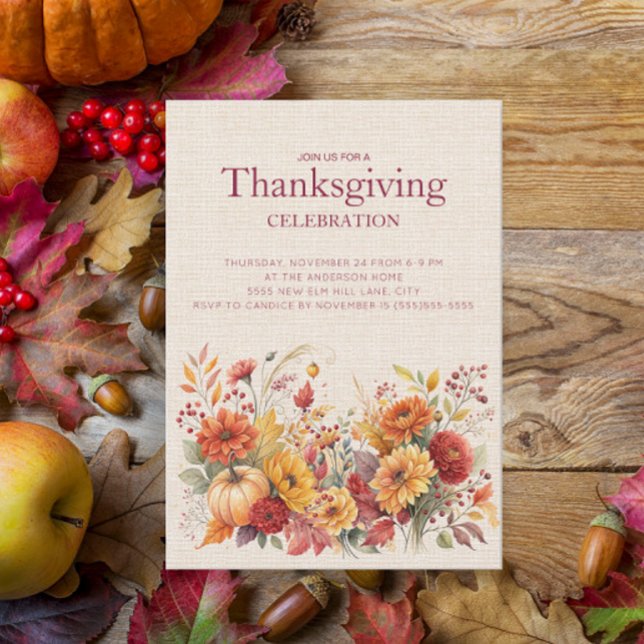 Fleurs de lin rustiques d'automne pour Thanksgivin (Autumn floral Thanksgiving Dinner invitation)