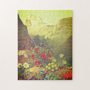 Fleurs de look vintage, Montagnes Jigsaw Puzzle