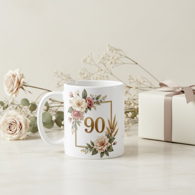 Fleurs de luxe Mug commémoratif 90e anniversaire (Vintage Floral 90th Birthday Custom Name Coffee Mug)