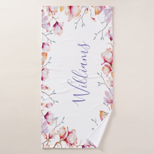 fleurs de magnolia rose blanc nom script (Serviette de bain)