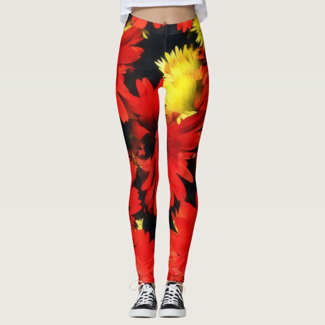 Fleurs de maman jaune rouge Leggings d'art (Devant)
