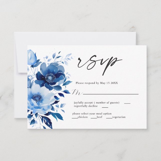 Fleurs de mariage bleu carte RSVP (Devant)