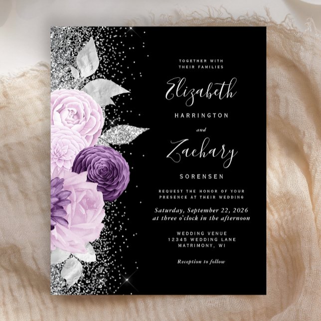 Fleurs de mariage pas chères Violet Pailleté Argen (An elegant choice for a wedding with a moody purple, silver and black color palete.)