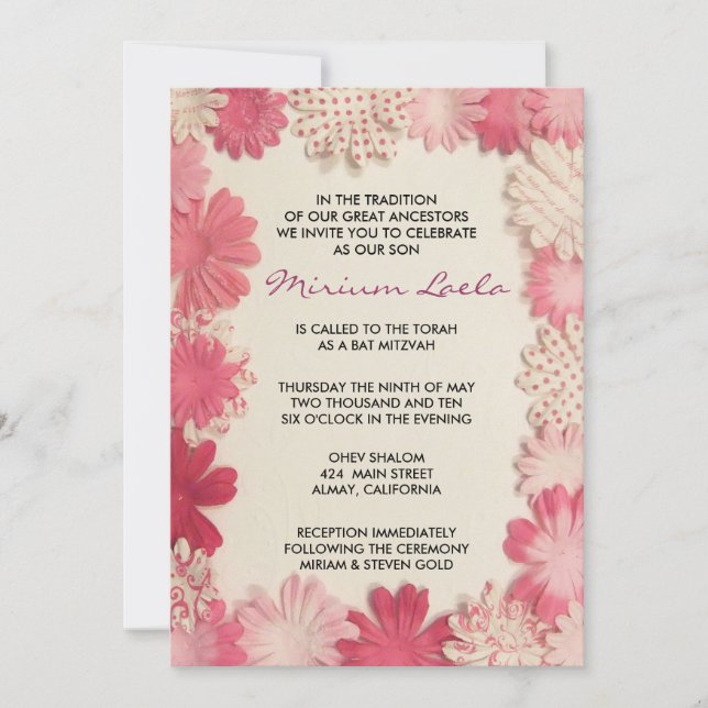 Fleurs de papier Bat mitzvah rose Invitation d'inv (Devant)