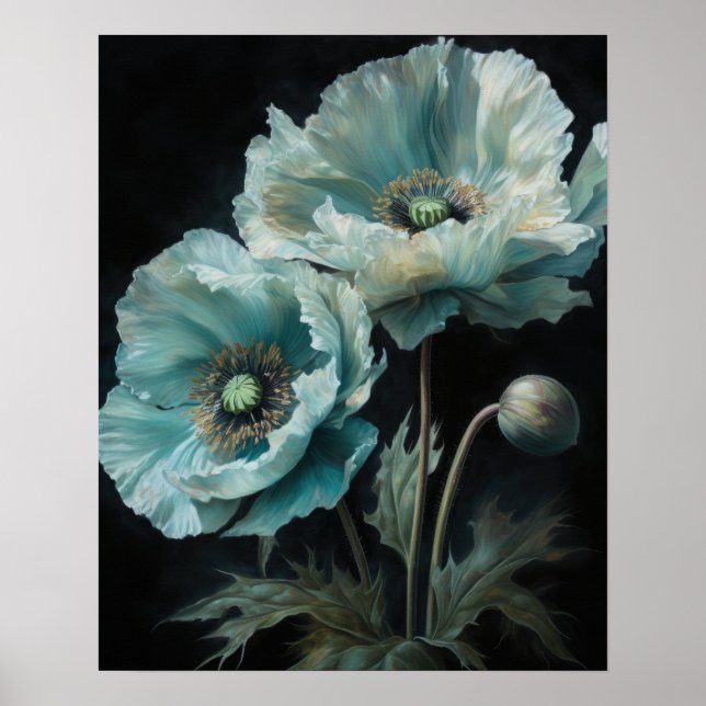 Fleurs de pavot bleu clair Art Imprimer Poster (Devant)
