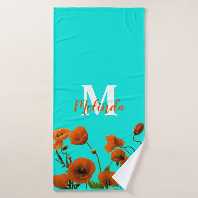 Fleurs de pavot orange Monogramme floral Nom initi (Serviette de bain)