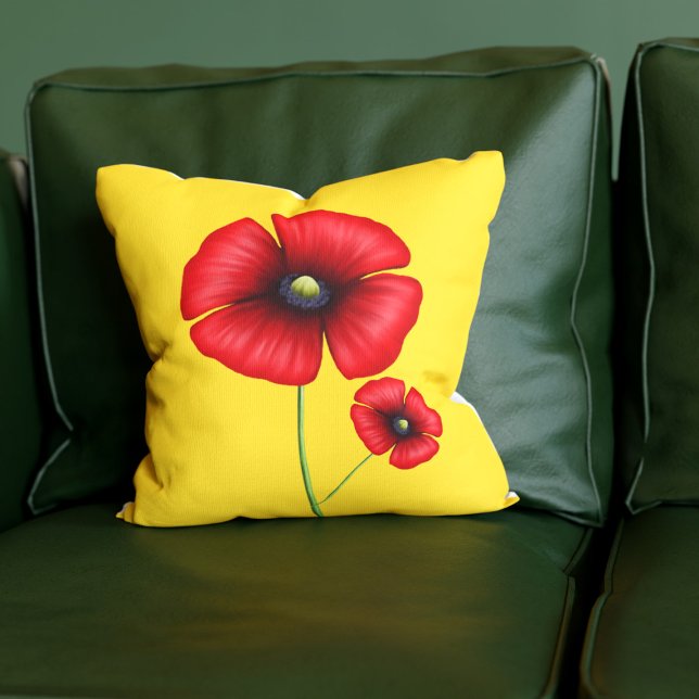 Fleurs de pavot rouge Oreiller jaune doré (A pretty poppy pillow just for you)
