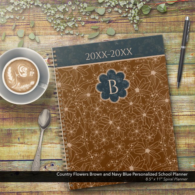 Fleurs de pays Brown Bleu Personnalisé École (Country Flowers Brown and Blue Personalized School Planner: Customize the Date and Monogram)