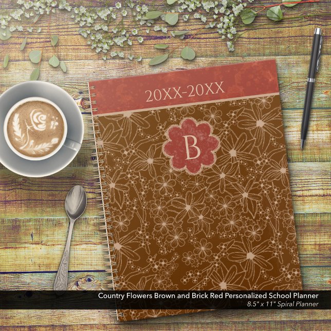 Fleurs de pays Brown Rouge École personnalisée (Country Flowers Brown and Red Personalized School Planner: Customize the Date and Monogram)