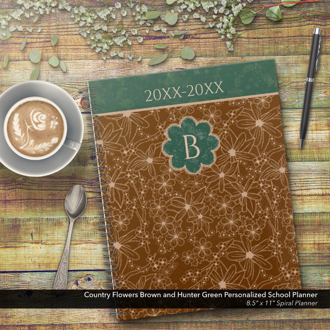 Fleurs de pays Brown Rustique Vert Personnalisé (Country Flowers Brown and Green Personalized School Planner: Customize the Date and Monogram)