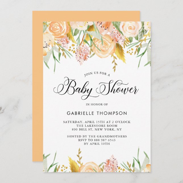 Fleurs de Pêche et Feuilles d'or Invitation Baby s (Devant / Derrière)