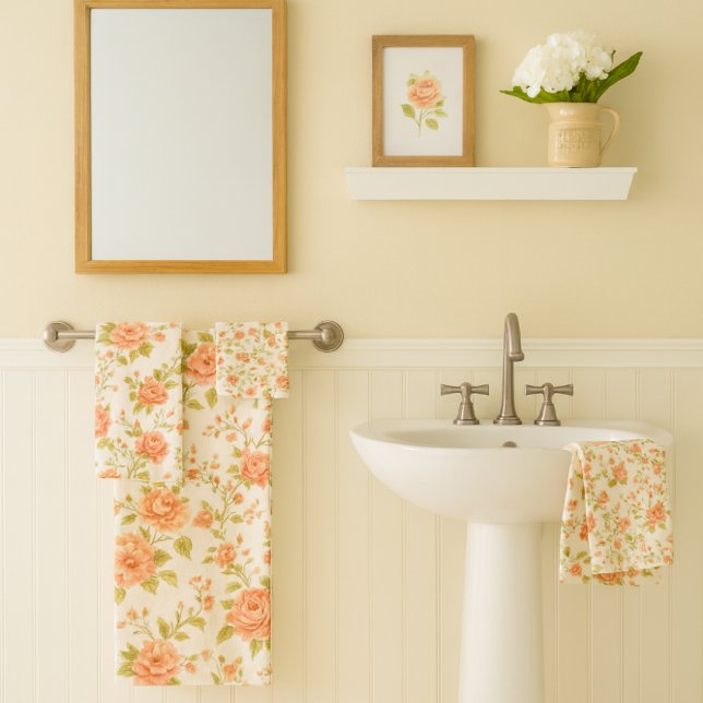 Fleurs de Pêcher Rose   (Peach blush rose towel set mockup.)