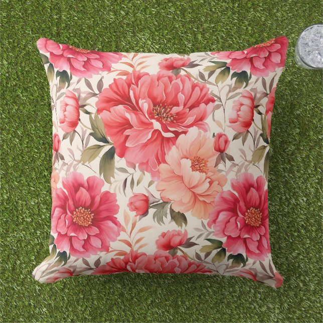 Fleurs de pivoines Coussin extérieur (Herbe)