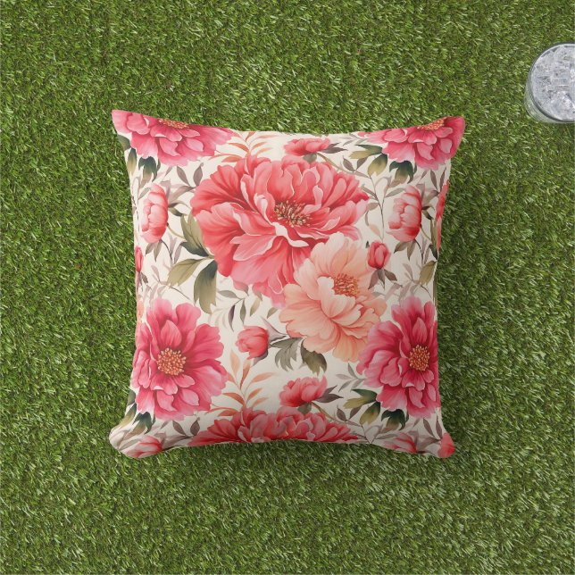 Fleurs de pivoines Coussin extérieur (Herbe)