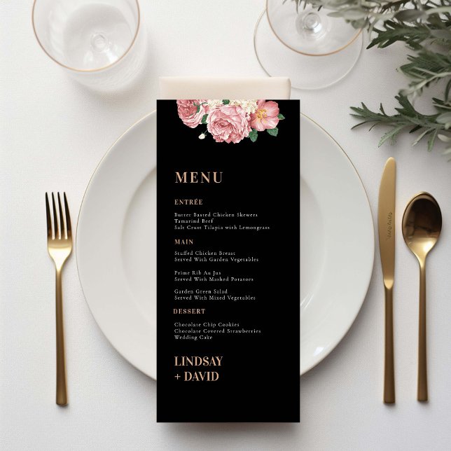 Fleurs de pivoines roses sur carte de menu noir (Créateur téléchargé)