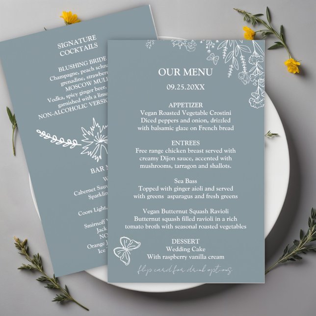 Fleurs de prairie Mariage bleu gris menu Budget (Créateur téléchargé)