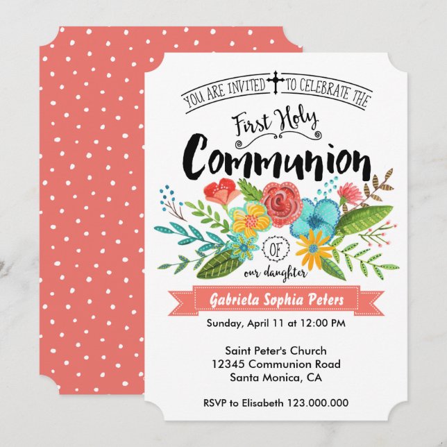 Fleurs de première communion | Invitations (Devant / Derrière)