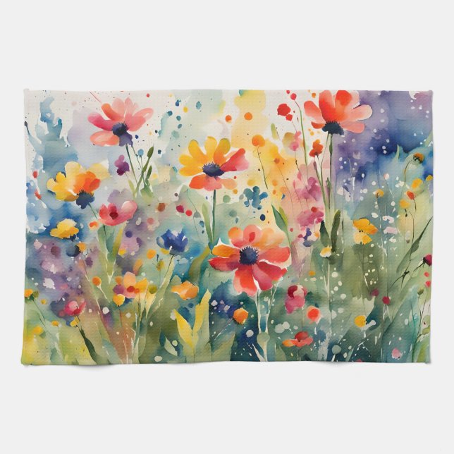 Fleurs de printemps colorées Aquarelle Serviette d (Horizontal)