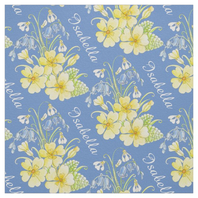 Fleurs de printemps dessin et nom tissu bleu jaune (Échantillon)