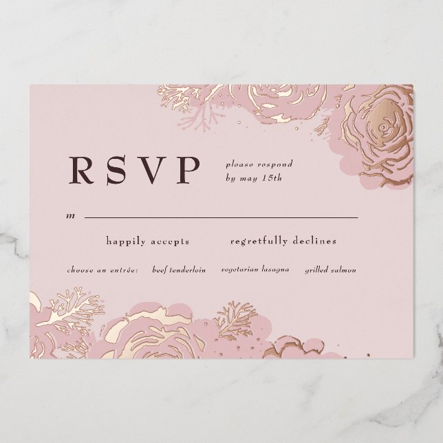 Fleurs de Rose Gold Invitation en Papier Aluminium (Recto)