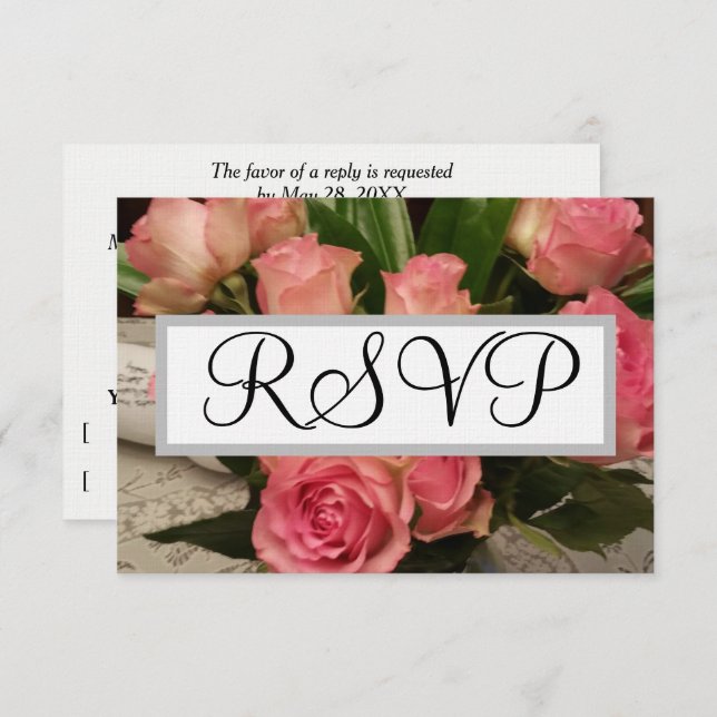 Fleurs de rose rose douce Mariage argenté RSVP (Devant / Derrière)