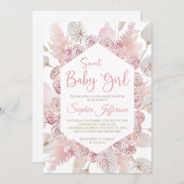 Fleurs de rose rose pâle Baby shower Invitation (Devant / Derrière)
