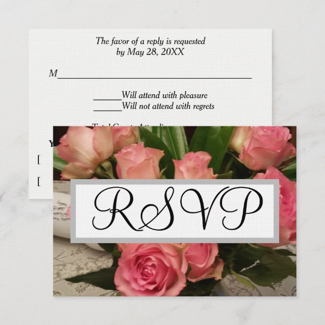 Fleurs de rose rose tendre Argent Mariage RSVP (Devant / Derrière)