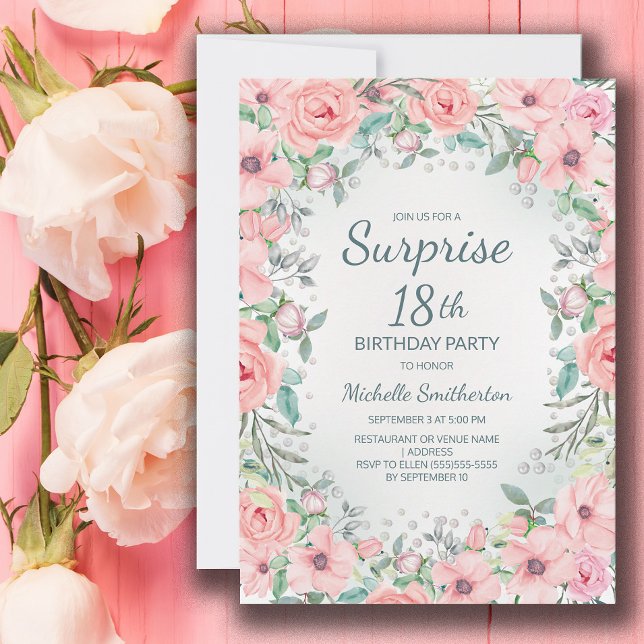 Fleurs de roses aquarelles roses perles 18e annive (Blush pink floral surprise 18th birthday party invitation personalized with your text.)